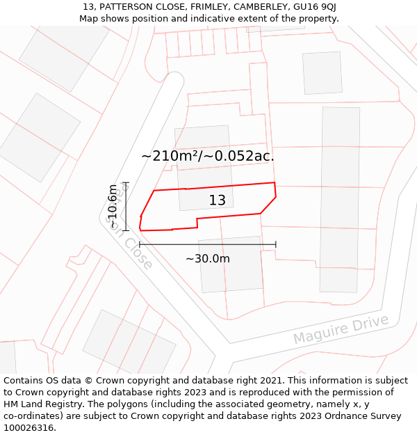 13, PATTERSON CLOSE, FRIMLEY, CAMBERLEY, GU16 9QJ: Plot and title map