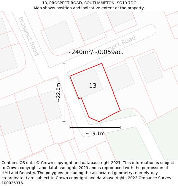 13, PROSPECT ROAD, SOUTHAMPTON, SO19 7DG: Plot and title map