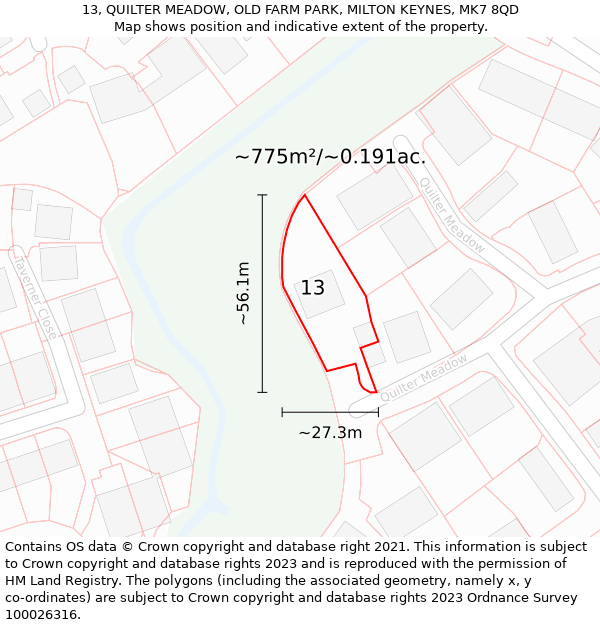 13, QUILTER MEADOW, OLD FARM PARK, MILTON KEYNES, MK7 8QD: Plot and title map