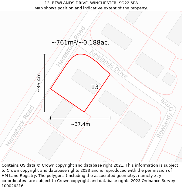 13, REWLANDS DRIVE, WINCHESTER, SO22 6PA: Plot and title map