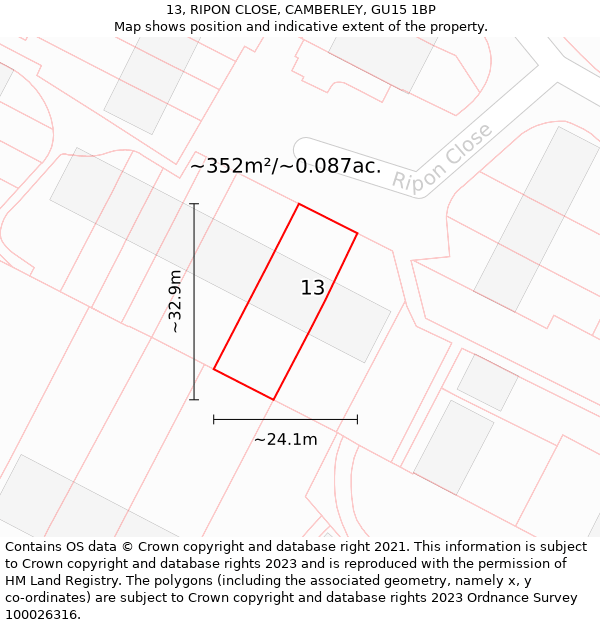 13, RIPON CLOSE, CAMBERLEY, GU15 1BP: Plot and title map