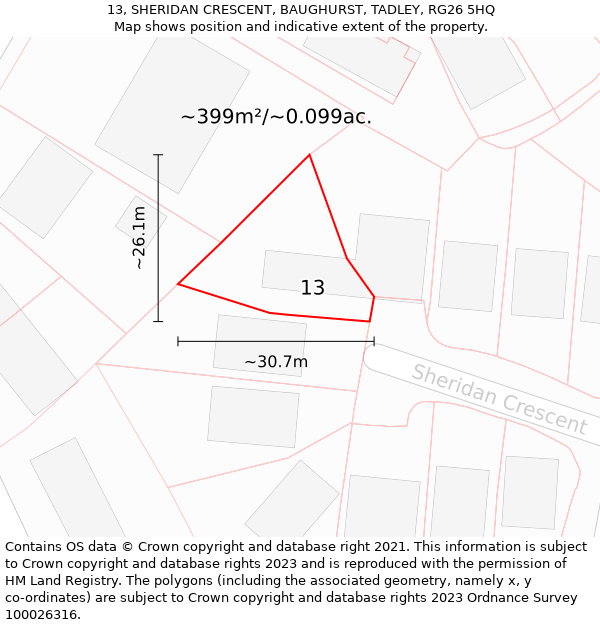 13, SHERIDAN CRESCENT, BAUGHURST, TADLEY, RG26 5HQ: Plot and title map