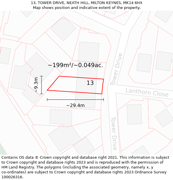 13, TOWER DRIVE, NEATH HILL, MILTON KEYNES, MK14 6HX: Plot and title map