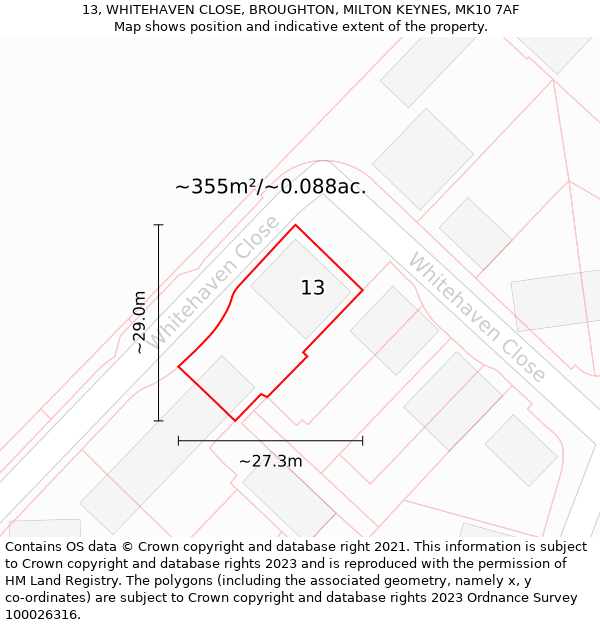 13, WHITEHAVEN CLOSE, BROUGHTON, MILTON KEYNES, MK10 7AF: Plot and title map