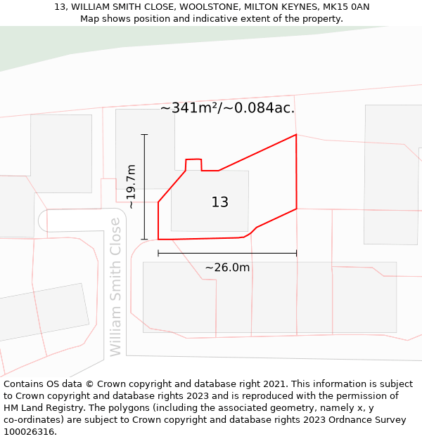 13, WILLIAM SMITH CLOSE, WOOLSTONE, MILTON KEYNES, MK15 0AN: Plot and title map