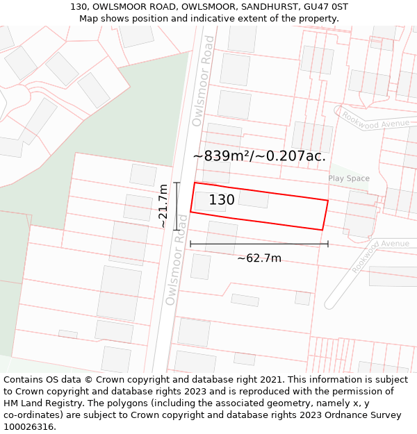 130, OWLSMOOR ROAD, OWLSMOOR, SANDHURST, GU47 0ST: Plot and title map