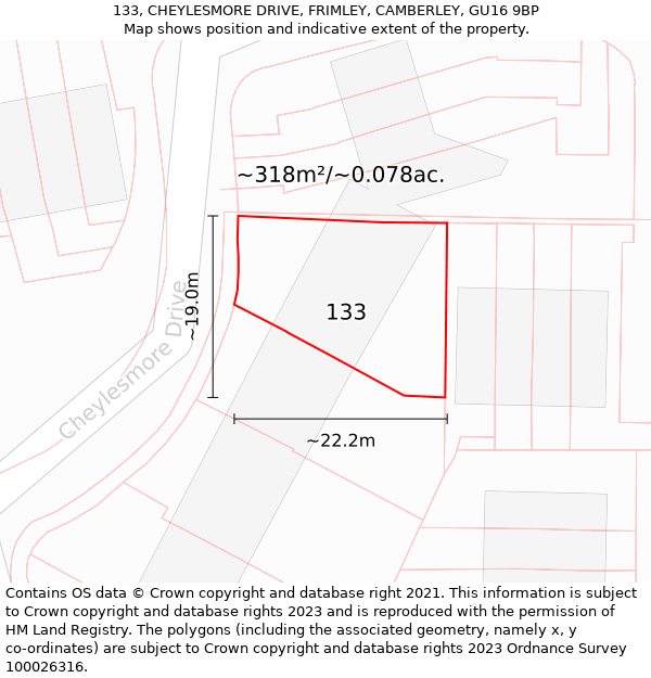 133, CHEYLESMORE DRIVE, FRIMLEY, CAMBERLEY, GU16 9BP: Plot and title map