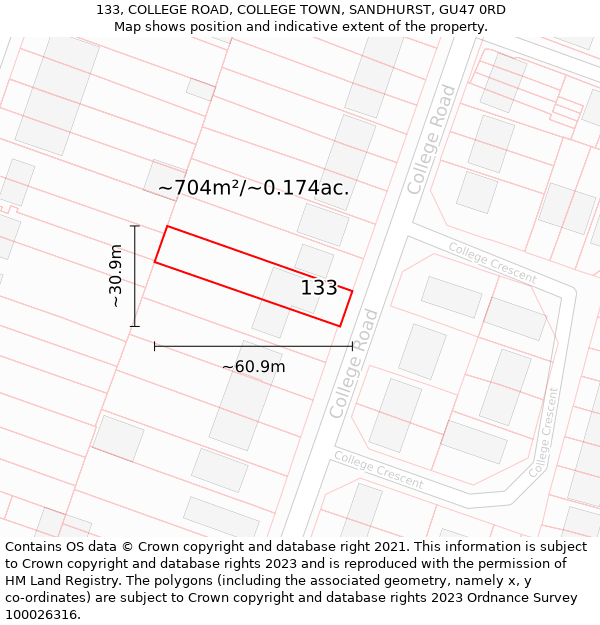 133, COLLEGE ROAD, COLLEGE TOWN, SANDHURST, GU47 0RD: Plot and title map