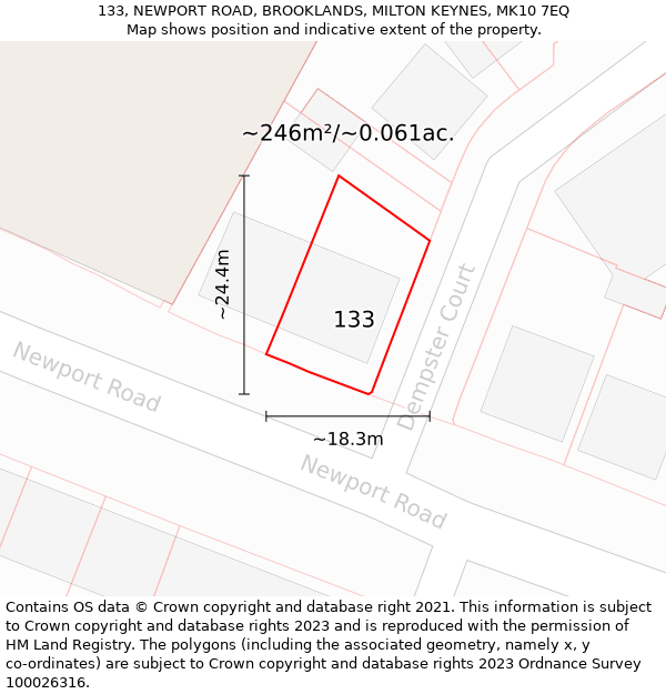 133, NEWPORT ROAD, BROOKLANDS, MILTON KEYNES, MK10 7EQ: Plot and title map