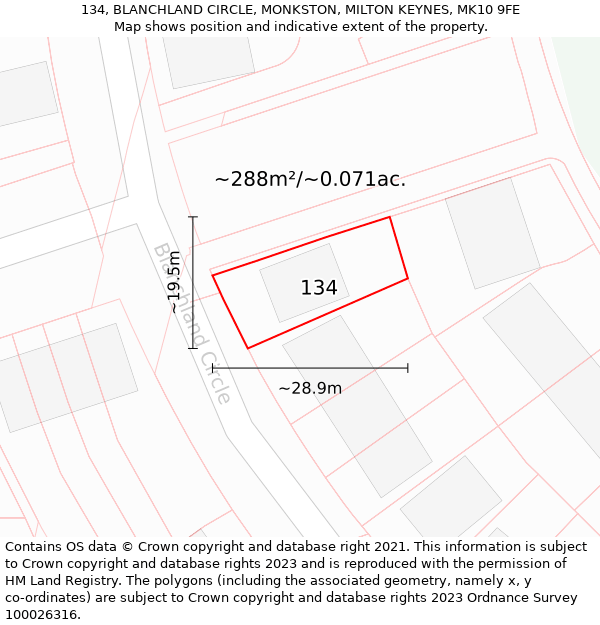 134, BLANCHLAND CIRCLE, MONKSTON, MILTON KEYNES, MK10 9FE: Plot and title map