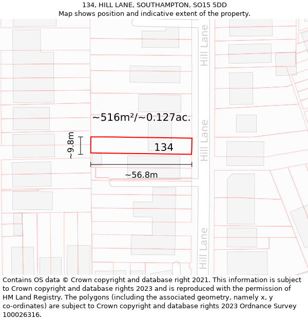 134, HILL LANE, SOUTHAMPTON, SO15 5DD: Plot and title map