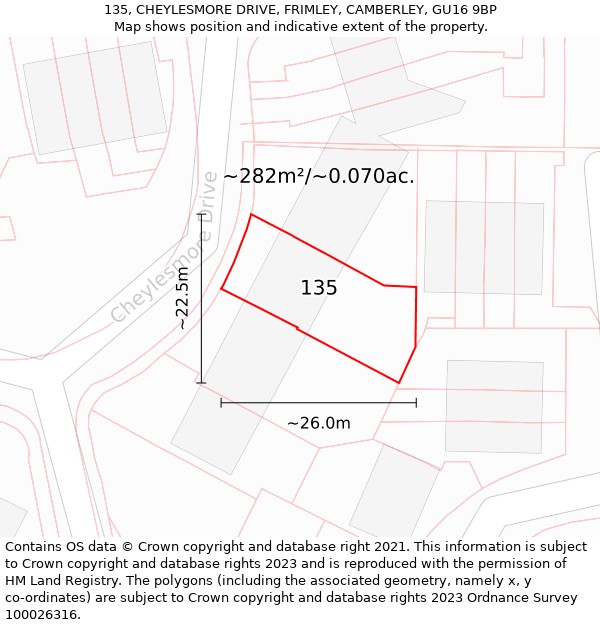 135, CHEYLESMORE DRIVE, FRIMLEY, CAMBERLEY, GU16 9BP: Plot and title map