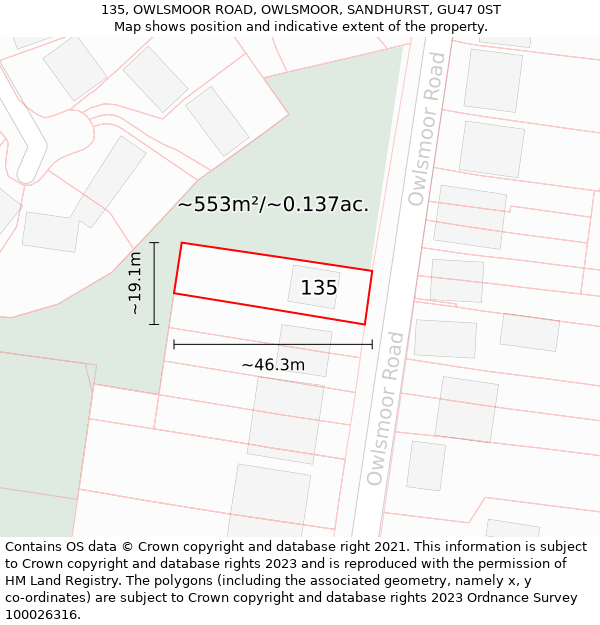 135, OWLSMOOR ROAD, OWLSMOOR, SANDHURST, GU47 0ST: Plot and title map