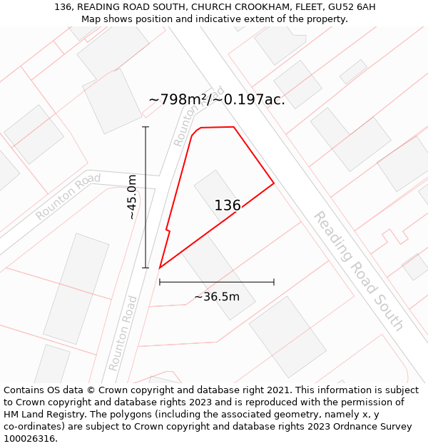 136, READING ROAD SOUTH, CHURCH CROOKHAM, FLEET, GU52 6AH: Plot and title map