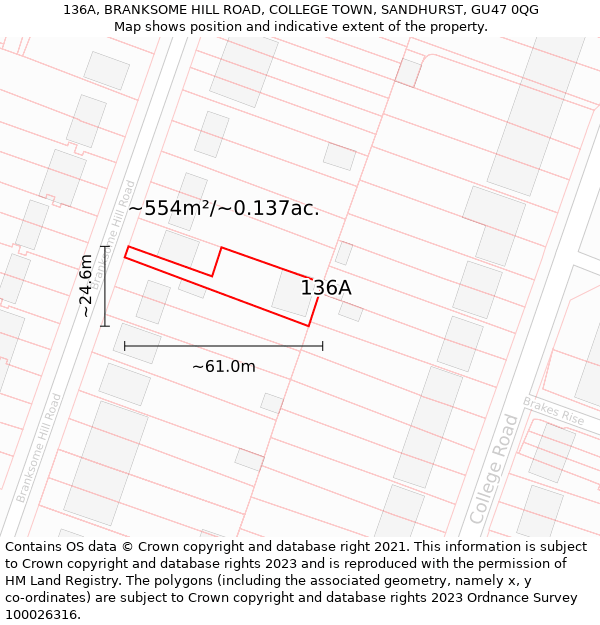 136A, BRANKSOME HILL ROAD, COLLEGE TOWN, SANDHURST, GU47 0QG: Plot and title map