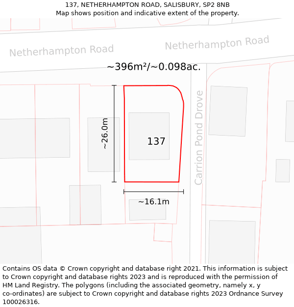 137, NETHERHAMPTON ROAD, SALISBURY, SP2 8NB: Plot and title map