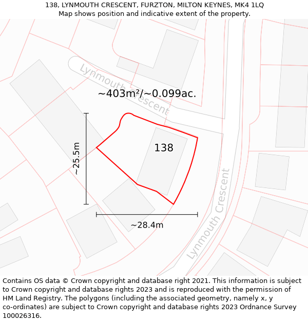 138, LYNMOUTH CRESCENT, FURZTON, MILTON KEYNES, MK4 1LQ: Plot and title map