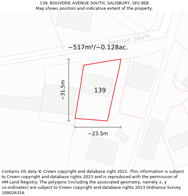 139, BOUVERIE AVENUE SOUTH, SALISBURY, SP2 8EB: Plot and title map