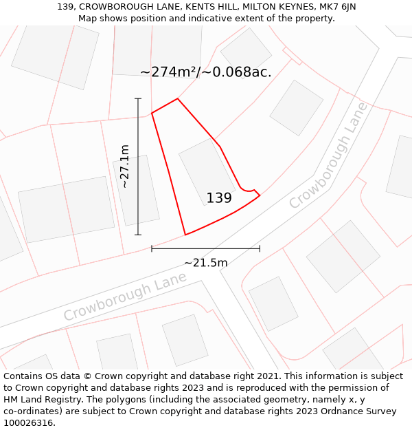 139, CROWBOROUGH LANE, KENTS HILL, MILTON KEYNES, MK7 6JN: Plot and title map