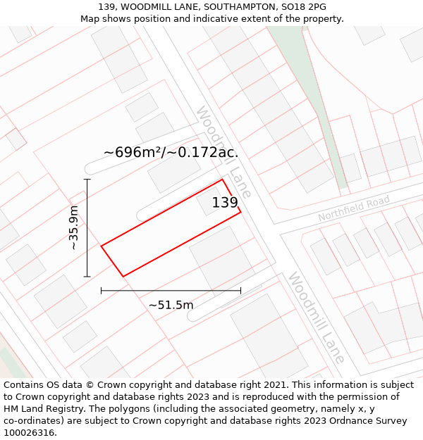 139, WOODMILL LANE, SOUTHAMPTON, SO18 2PG: Plot and title map