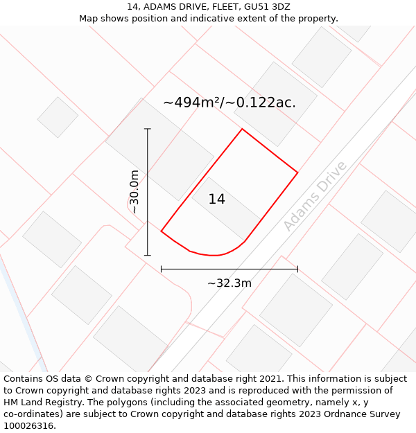 14, ADAMS DRIVE, FLEET, GU51 3DZ: Plot and title map