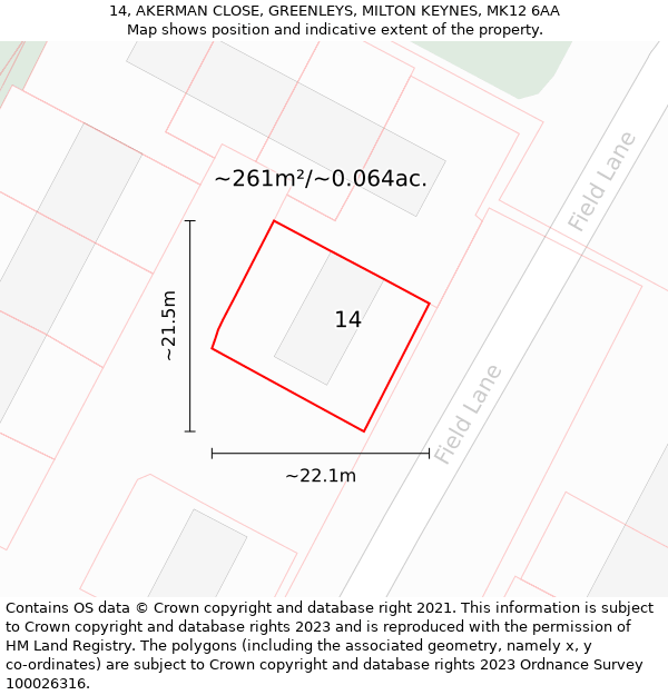 14, AKERMAN CLOSE, GREENLEYS, MILTON KEYNES, MK12 6AA: Plot and title map