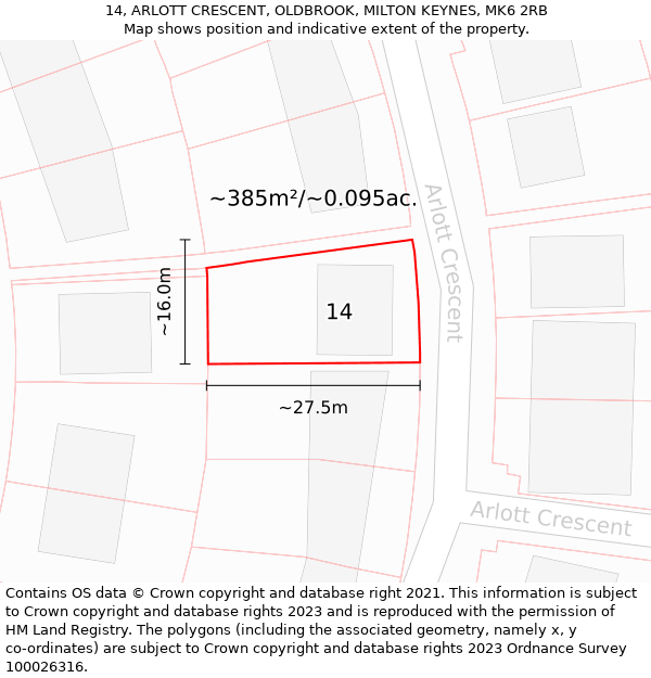 14, ARLOTT CRESCENT, OLDBROOK, MILTON KEYNES, MK6 2RB: Plot and title map