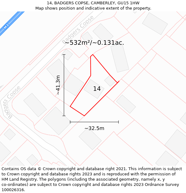 14, BADGERS COPSE, CAMBERLEY, GU15 1HW: Plot and title map