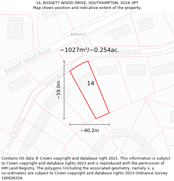 14, BASSETT WOOD DRIVE, SOUTHAMPTON, SO16 3PT: Plot and title map