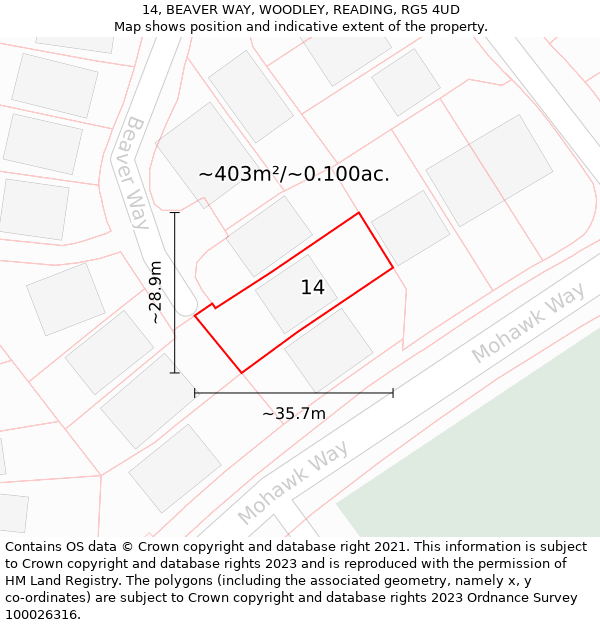 14, BEAVER WAY, WOODLEY, READING, RG5 4UD: Plot and title map