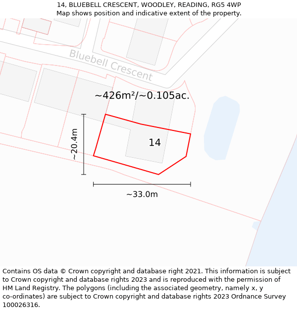 14, BLUEBELL CRESCENT, WOODLEY, READING, RG5 4WP: Plot and title map