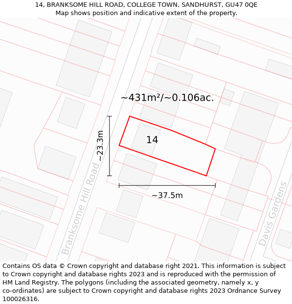 14, BRANKSOME HILL ROAD, COLLEGE TOWN, SANDHURST, GU47 0QE: Plot and title map