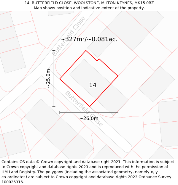 14, BUTTERFIELD CLOSE, WOOLSTONE, MILTON KEYNES, MK15 0BZ: Plot and title map