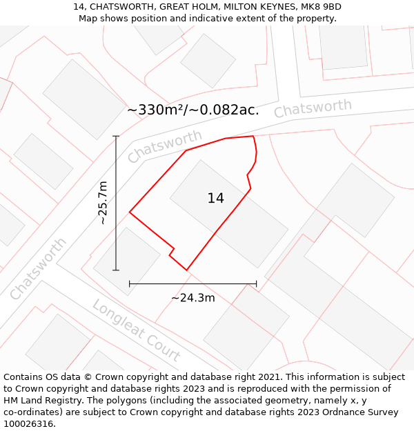 14, CHATSWORTH, GREAT HOLM, MILTON KEYNES, MK8 9BD: Plot and title map