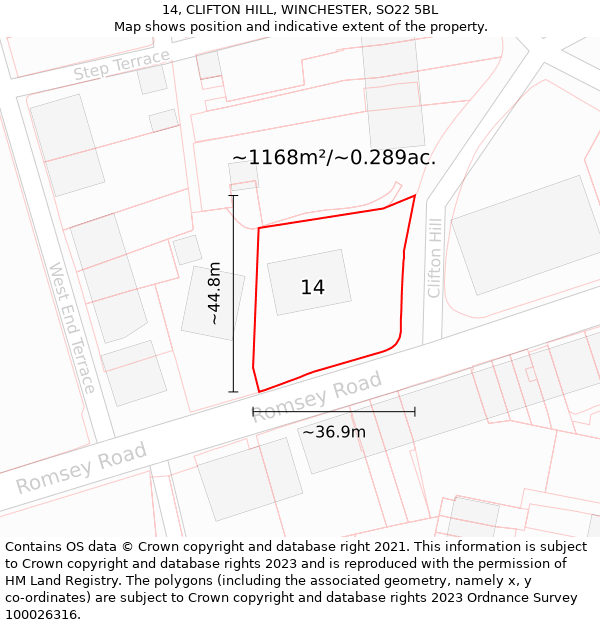 14, CLIFTON HILL, WINCHESTER, SO22 5BL: Plot and title map