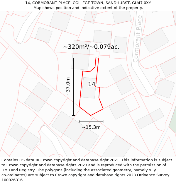 14, CORMORANT PLACE, COLLEGE TOWN, SANDHURST, GU47 0XY: Plot and title map