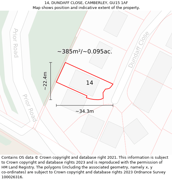 14, DUNDAFF CLOSE, CAMBERLEY, GU15 1AF: Plot and title map