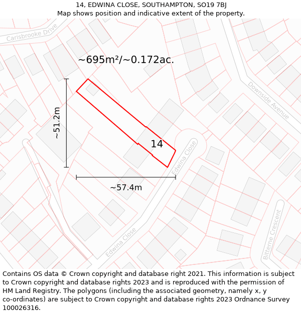 14, EDWINA CLOSE, SOUTHAMPTON, SO19 7BJ: Plot and title map