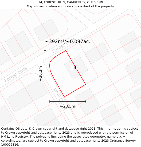 14, FOREST HILLS, CAMBERLEY, GU15 3NN: Plot and title map