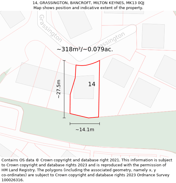 14, GRASSINGTON, BANCROFT, MILTON KEYNES, MK13 0QJ: Plot and title map