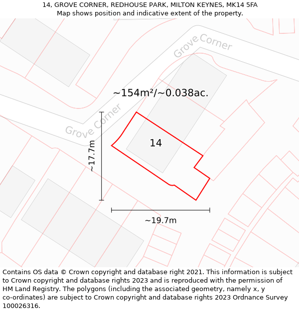 14, GROVE CORNER, REDHOUSE PARK, MILTON KEYNES, MK14 5FA: Plot and title map