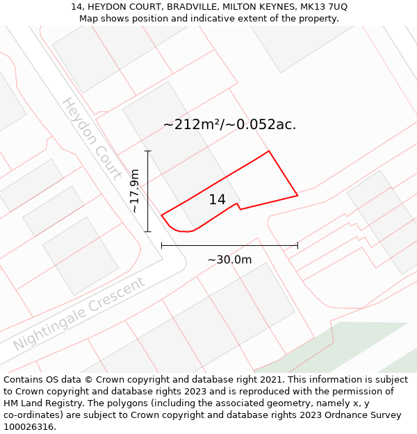 14, HEYDON COURT, BRADVILLE, MILTON KEYNES, MK13 7UQ: Plot and title map