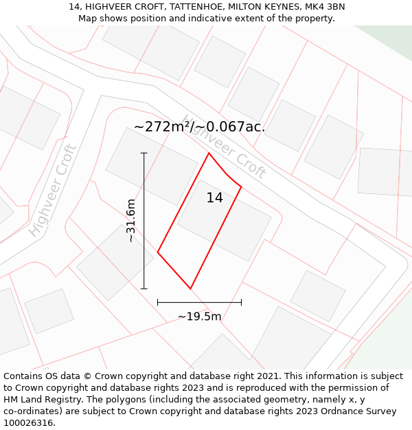 14, HIGHVEER CROFT, TATTENHOE, MILTON KEYNES, MK4 3BN: Plot and title map