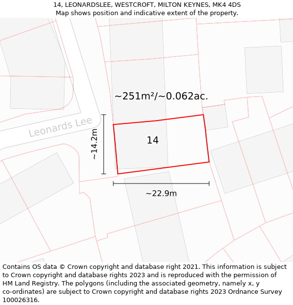 14, LEONARDSLEE, WESTCROFT, MILTON KEYNES, MK4 4DS: Plot and title map