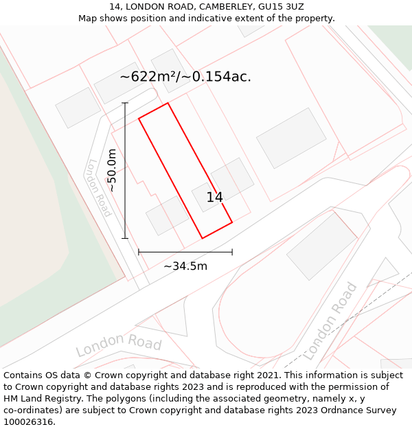 14, LONDON ROAD, CAMBERLEY, GU15 3UZ: Plot and title map