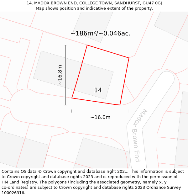 14, MADOX BROWN END, COLLEGE TOWN, SANDHURST, GU47 0GJ: Plot and title map