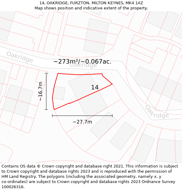 14, OAKRIDGE, FURZTON, MILTON KEYNES, MK4 1AZ: Plot and title map