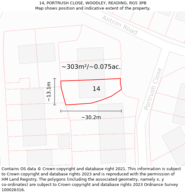 14, PORTRUSH CLOSE, WOODLEY, READING, RG5 3PB: Plot and title map