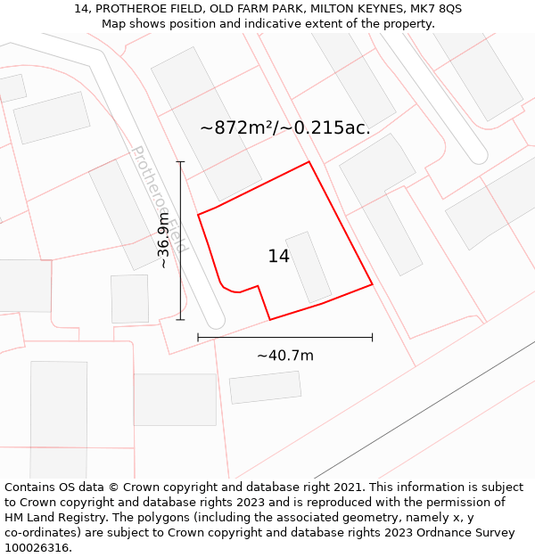 14, PROTHEROE FIELD, OLD FARM PARK, MILTON KEYNES, MK7 8QS: Plot and title map