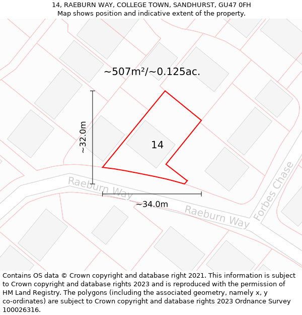 14, RAEBURN WAY, COLLEGE TOWN, SANDHURST, GU47 0FH: Plot and title map